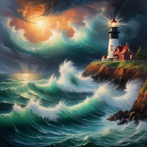 Prompt: Lighthouse on cliff, stormy seas, stormy skies, vibrant colors, beacon of light, oil painting, detailed waves, dramatic clouds, high contrast, vivid colors, swirling seafoam, impressionistic, intense lighting, 4k, ultra-detailed, oil painting, dramatic, vibrant tones, stormy, detailed waves, moody atmosphere
