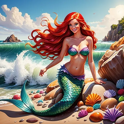 Prompt: Vibrant illustration of a red-haired mermaid, vivid colors, sunny beach setting, detailed scales and fins, long flowing hair, beach rocks with splashing surf, highres, detailed, vibrant colors, mermaid, long tail, sunny beach, detailed hair, detailed scales, beach rocks, splashing surf, vibrant, high quality, detailed fins, sunshine, beach setting