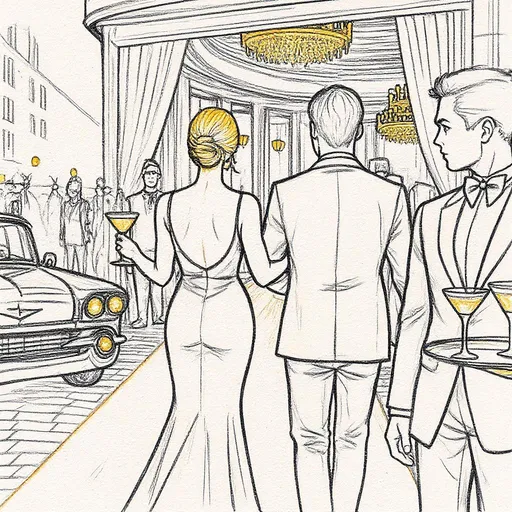 Prompt: Make this like a super cool sketch outline of all the details and figures in black and gold