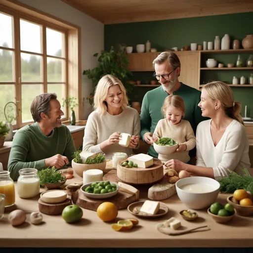 Prompt: (key visual for Skånemejerier branding campaign "Laga Lagom: Nourish your life"), warm and inviting atmosphere, rich textures, emphasize (fermented dairy products), modern Swedish elements, modern family scene, green colors, soft lighting, subtle background naturescapes, uplifting vibe, (high quality, ultra-detailed) representation of engaged family interactions, elements of comfort and nourishment, inviting arrangements showcasing branding.