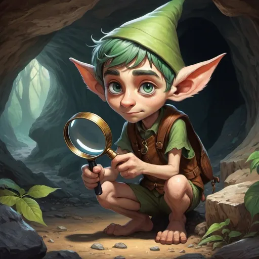 Prompt: A cave elf around the size of a cat is searching for things with his magnifying glass