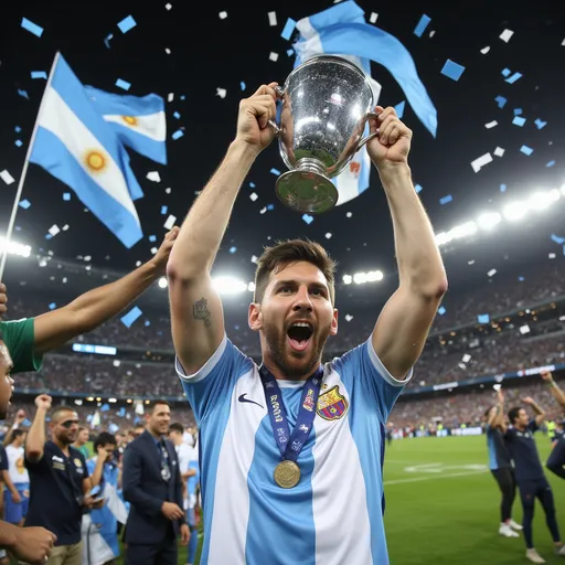 Prompt: Lionel Messi standing on a football field after a victorious match, holding a trophy high above his head. His jersey is damp with sweat, and confetti rains down around him as the stadium lights illuminate his triumphant expression. Fans in the background wave Argentine flags and cheer with pure joy, capturing the spirit of the moment.