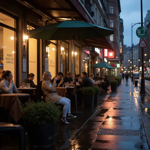 Prompt: An urban café on a rainy evening, with people sitting by the large glass windows, sipping coffee. Reflections of city lights shimmer on the wet pavement, and umbrellas are scattered along the sidewalk