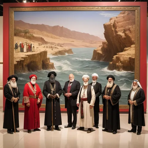 Prompt: showcasing the museum exhibit with the portrait of Sir Moses Haim Montefiore among those of biblical figures, all set against the inspiring backdrop of the Red Sea parting. this visual narrative creates a bridge between historical and biblical times, reflecting on themes of freedom and legacy