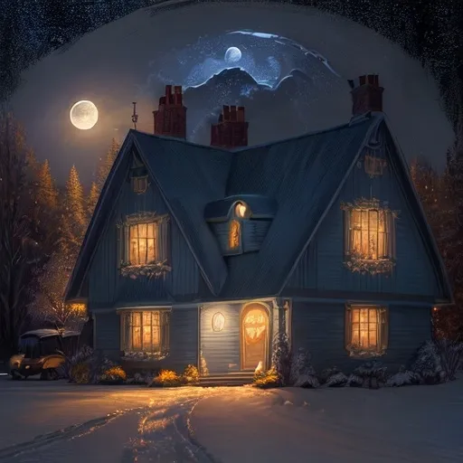 Prompt: a painting of a house and a car in the driveway at night with a full moon in the sky, Dan Mumford, american scene painting, kinkade, a detailed painting