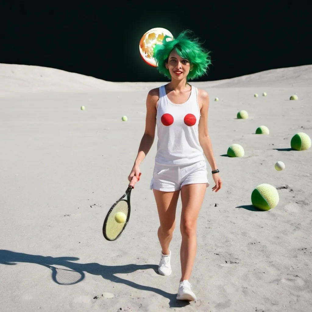 Prompt: woman with green hair walking on the moon with spacial vest and people around playing tennis. A beach in the moon with red water