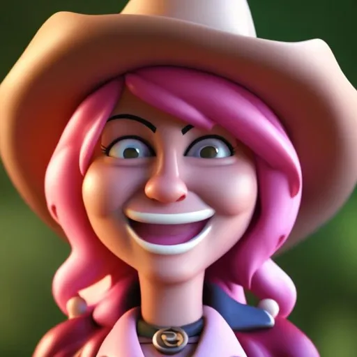 Prompt: caucasian close up cowgirl pink hate smiling cartoon
