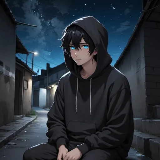 Prompt: black hair light blue eyes in a dark alleyway dark black sweatshirt nighttime under stars anime boy relaxing with hood over his head under stars