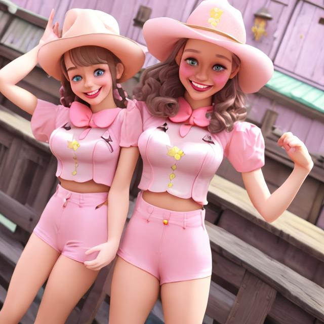 Prompt: Hoppy 819 pink hat peach skin cowgirl suit smiling cartoon woman

