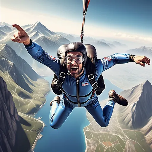 Prompt: (a man doing skydiving), photorealistic, detailed, falling with a view of a beautifull realistic mountain, detailed landscape depicting the love for adventure