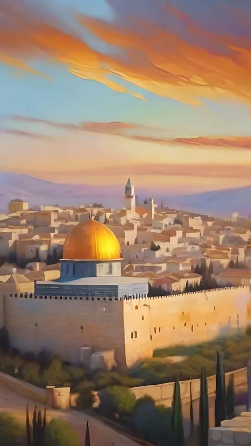 Prompt: Aerial view of Old Jerusalem, photorealistic, vibrant extremely detailed highly contrasted painting by Greg Rutkowski by Steve Henderson, 