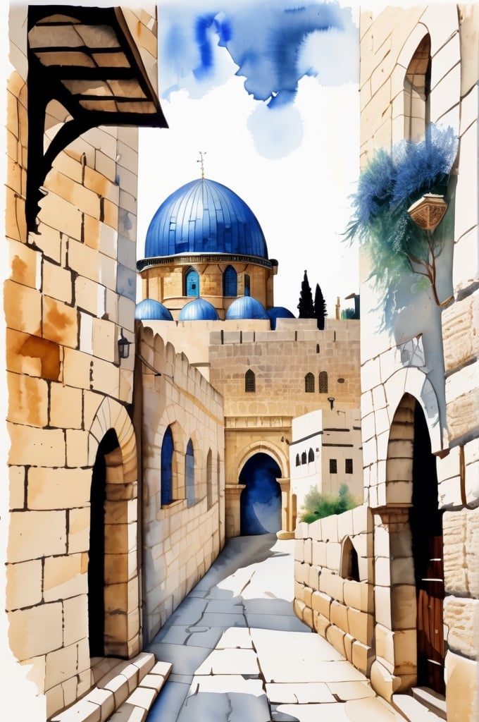Prompt: watercolor painting of the old Jerusalem, white blue color pallet, 