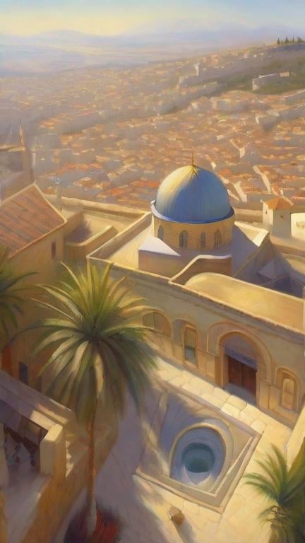 Prompt: Aerial view of Old Jerusalem, photorealistic, extremely detailed painting by Greg Rutkowski by Steve Henderson