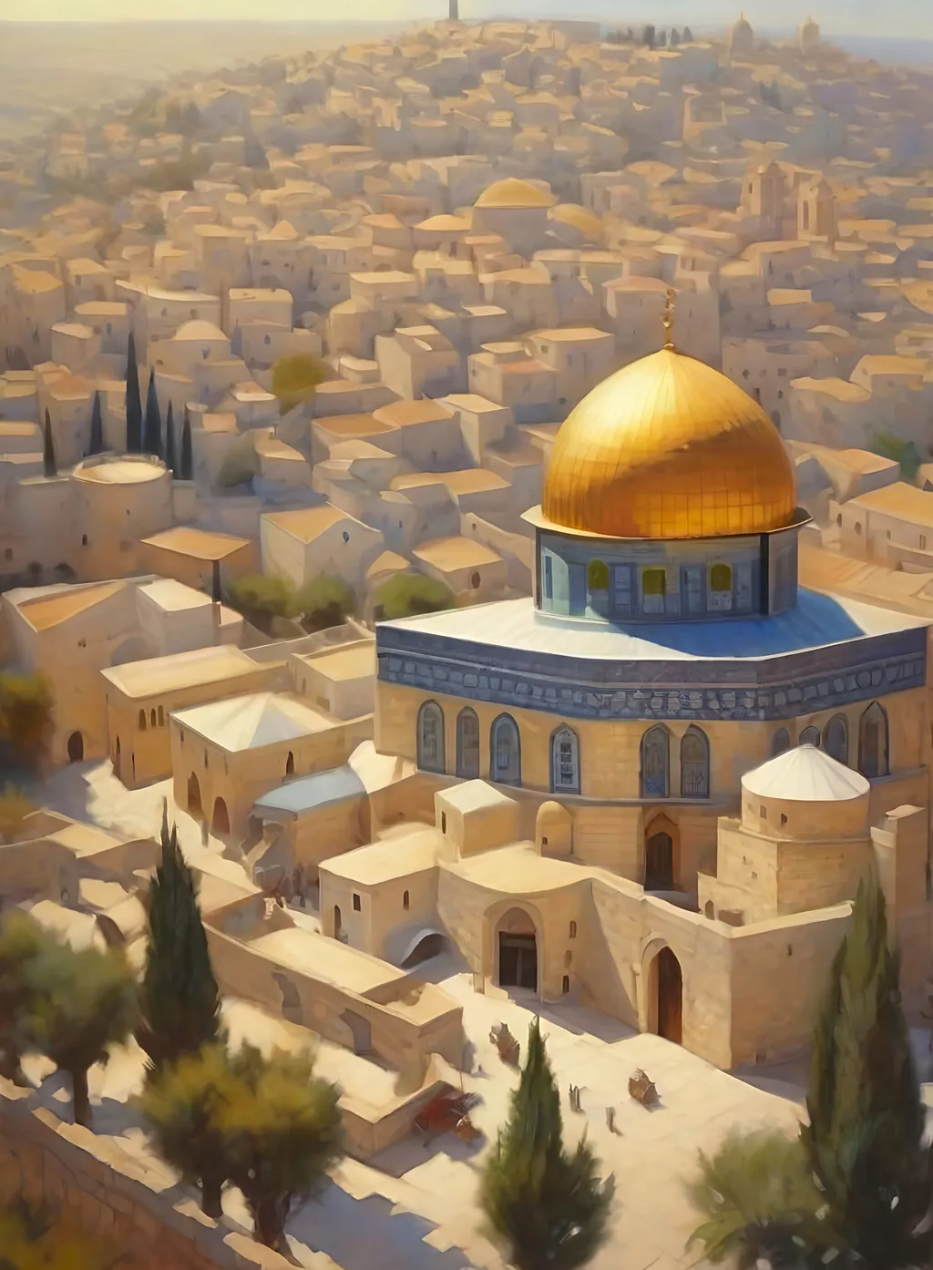 Prompt: Aerial view of Old Jerusalem, photorealistic, extremely detailed painting by Greg Rutkowski by Steve Henderson