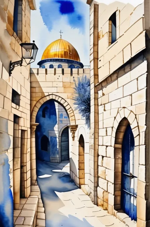 Prompt: watercolor painting of the old Jerusalem, white blue color pallet, 