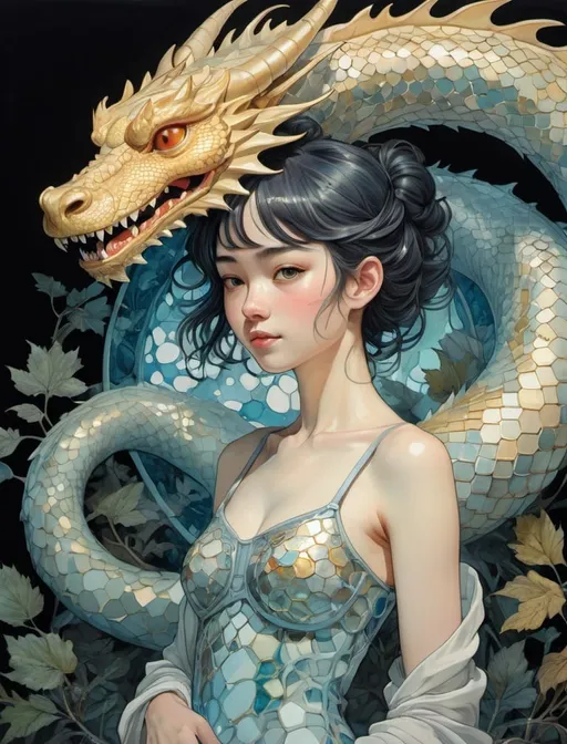 Prompt: the cheshire princess has found her smile and she has a dragon protector. Mythical creatures background forest. Android Jones, James Jean, takato yamamoto, Arthur Rackham. watercolor, volumetric lighting, maximalist, concept art, intricately detailed, elegant, expansive, 32k, fantastical, golden ratio principles, haunted, glass sculpture, honeycomb patterns, art by makoto shinkai, conrad roset. 3d, iridescent watercolors ink, polished finish, gradient chrome colors.