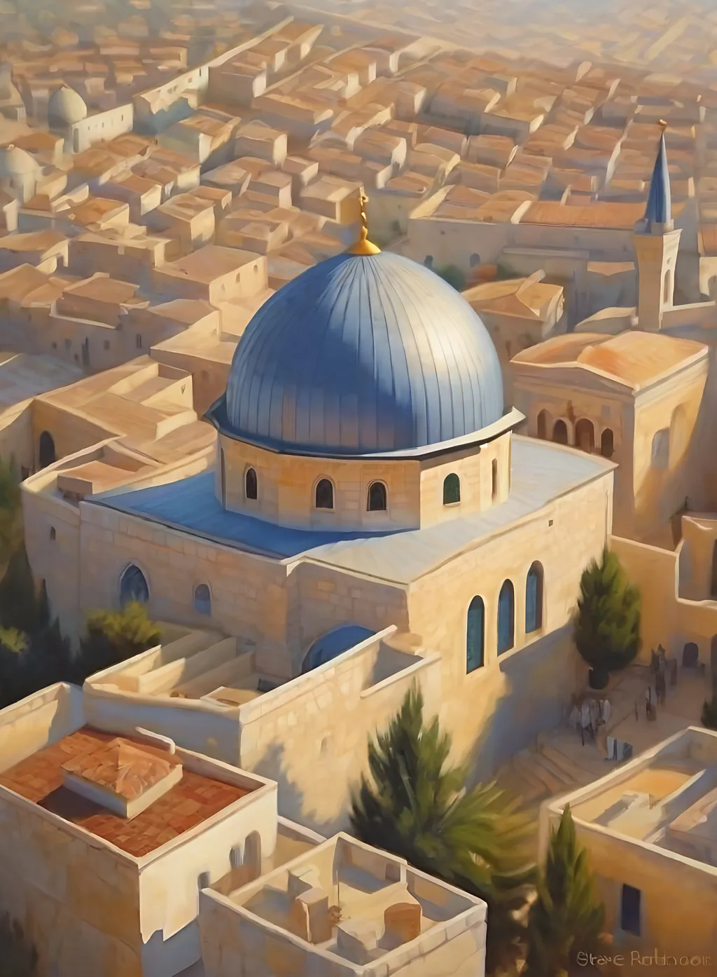 Prompt: Aerial view of Old Jerusalem, photorealistic, extremely detailed painting by Greg Rutkowski by Steve Henderson