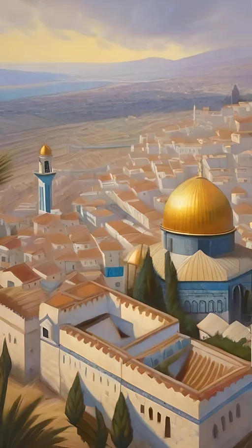 Prompt: Aerial view of Old Jerusalem, photorealistic, extremely detailed painting by Greg Rutkowski by Steve Henderson