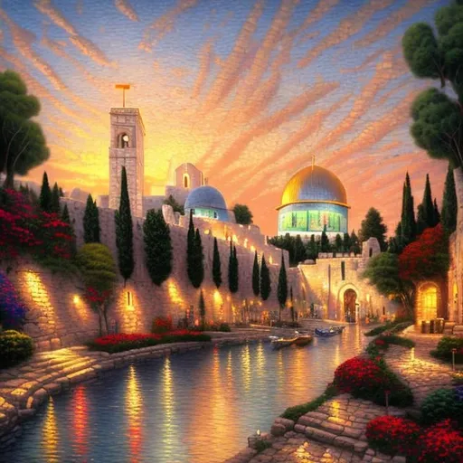 Prompt: City of Jerusalem painting in style of Thomas Kinkade 