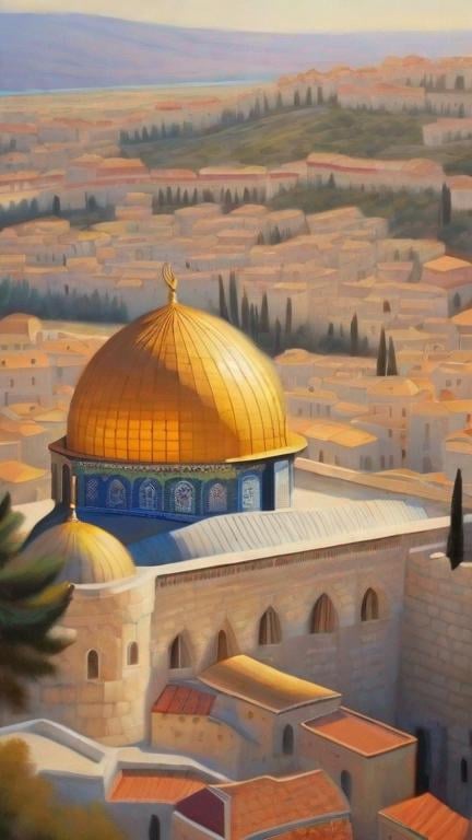 Prompt: Aerial view of Old Jerusalem, photorealistic, vibrant extremely detailed highly contrasted painting by Greg Rutkowski by Steve Henderson, 