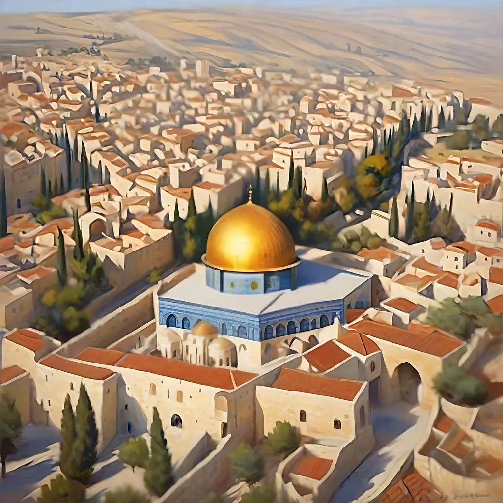 Prompt: Aerial view of Old Jerusalem, photorealistic, extremely detailed painting by Greg Rutkowski by Steve Henderson