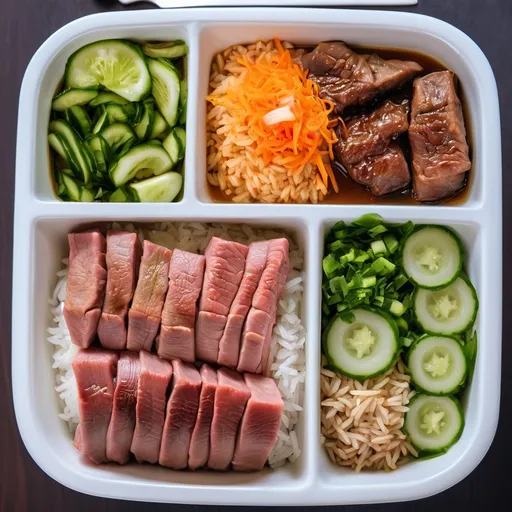 Prompt: a bowl of food with rice, meat, and vegetables on it with a side of cucumbers, Cui Bai, dau-al-set, sakimichan, a stock photo