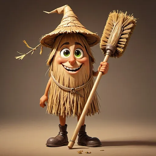 Prompt: Broom (animated character):

A traditional straw broom with an old wooden handle, brought to life with a cute face, big glowing eyes, and thick expressive eyebrows.

The broom's bristles can move like tiny hands or feet, giving it agile and lively movements.

Cheerful and mischievous personality, loves to dance while cleaning, yet loyal and always ready to help humans.

Human (the broom's friend):

A young girl or boy with simple, semi-fantasy clothing (like a gardener or an apprentice witch).

Messy hair, carrying a small bag filled with magical household tools.

Friendly and curious face, treating the broom like a true companion.

Setting:

Background of a small workshop or a cozy old house, filled with magical objects and trinkets.

Warm sunlight streaming through the window, creating a bright and comfortable atmosphere.

Action/Pose:

The broom is “sweeping” the floor while dancing gracefully, like a tiny ballerina, with a joyful expression.

The human stands beside it, smiling, perhaps clapping or gently giving directions.

Their interaction shows a strong friendship between a magical creature and a human.

Visual Style:

Animated cartoon style inspired by Ghibli or Pixar, with soft and bright colors.

Imaginative touches that make the broom look alive while staying simple and adorable.