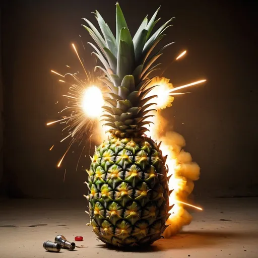 Prompt: Flash photography of a pineapple that is a grenade about to explode, half of the pineapple grenade is an explosion the other half is not exploded yet, amazing hd photography of an explosion