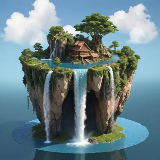 Prompt: A floating island with a waterfall flowing off