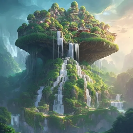 Prompt: Floating island with flowing waterfall, lush greenery, majestic landscape, high quality, detailed, digital painting, serene atmosphere, fantasy, vibrant colors, surreal lighting