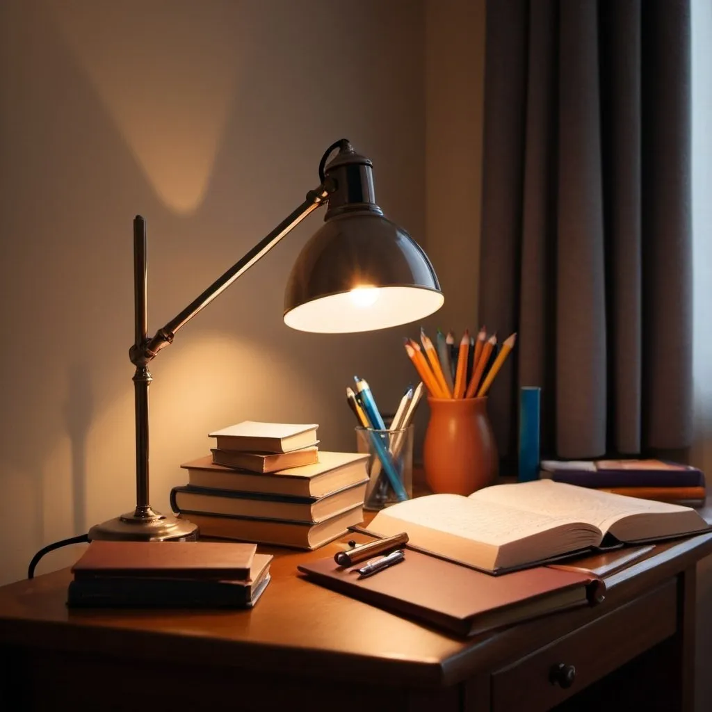 Prompt: Table lamp lighting up the desk with books and writing materials like pen and papers and pencils with pencil stand