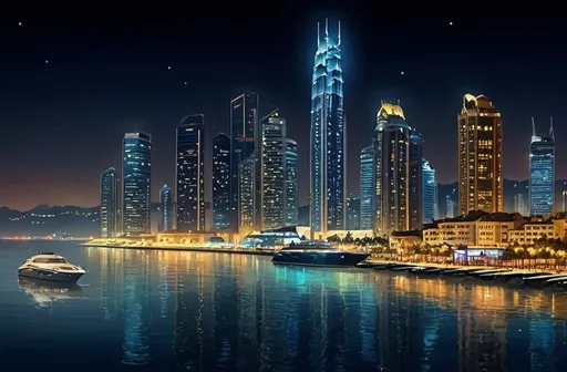 Prompt: Modern city by the sea at night, city lights reflecting on water, iconic skyline, high definition, realistic, digital painting, cool tones, atmospheric lighting, urban landscape, sea view, detailed architecture, luxurious waterfront, vibrant nightlife, best quality, highres, ultra-detailed, realistic, modern, urban, cool tones, atmospheric lighting