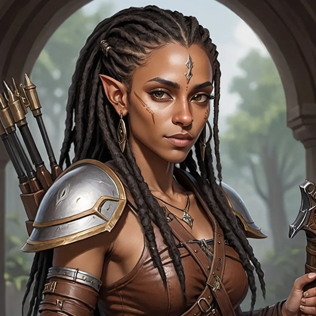 Prompt: A brown-skinned female high elf artificer with black dreadlocks, a crossbow on her back; double nose piercing and eyebrow slit 