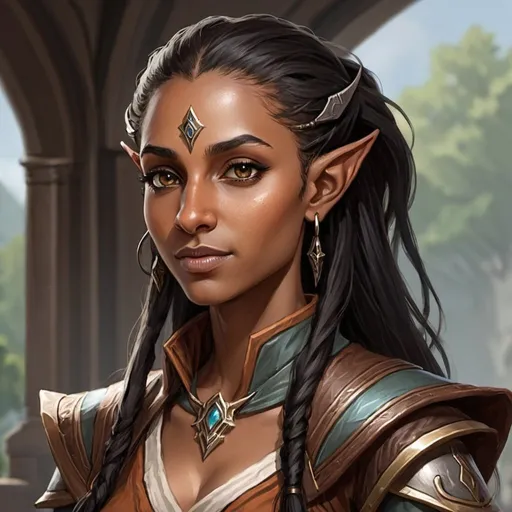 Prompt: A brown-skinned female high elf artificer with black dreaklocks 