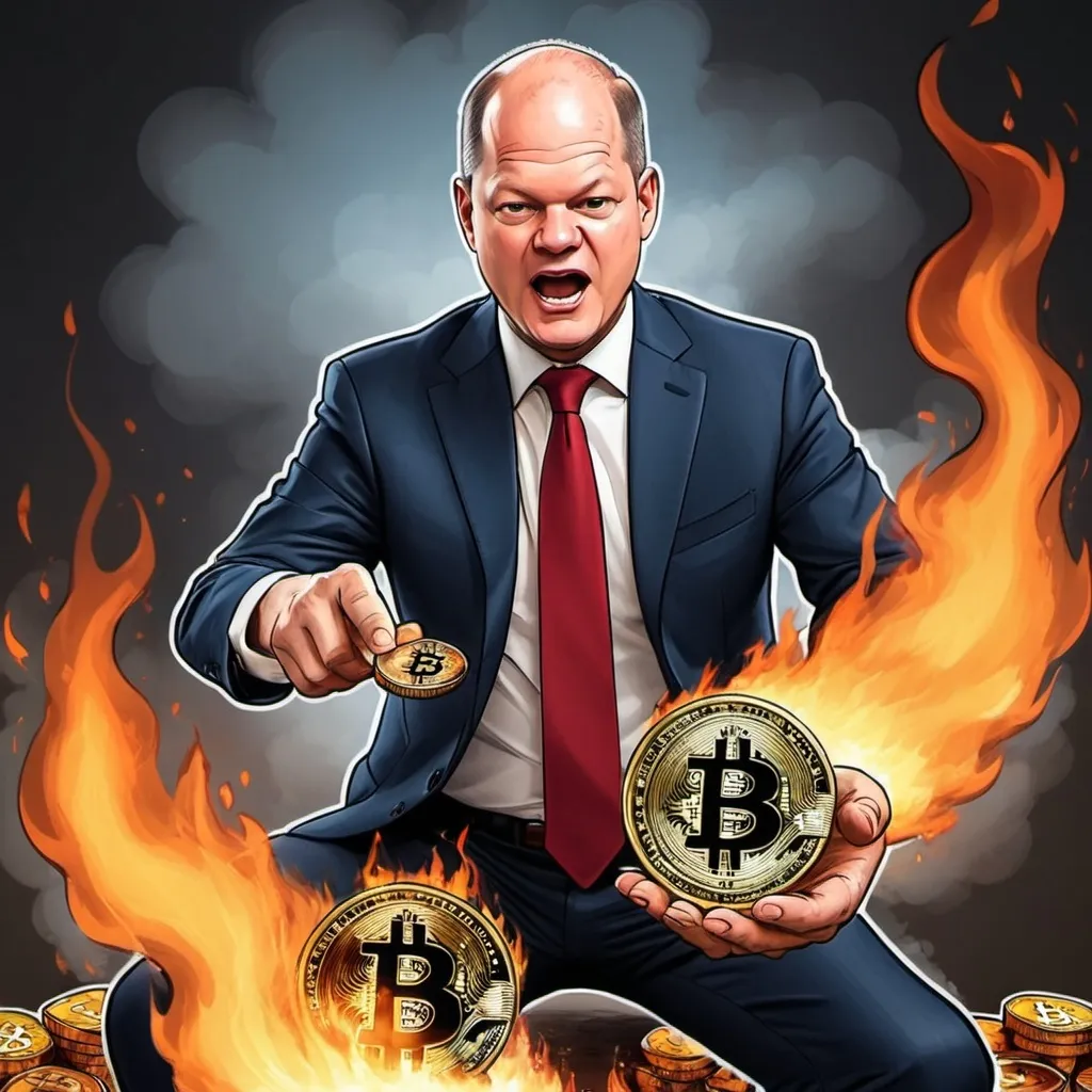 Prompt: Olaf Scholz throwing bitcoin into a fire, in the style of a cointelegraph illustration