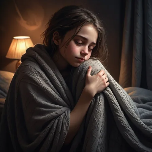 Prompt: Dark digital painting of a girl hugging knees under a blanket, soft and warm lighting, emotional atmosphere, cozy setting, detailed fabric texture, high quality, dark tones, emotional, digital art, cozy, detailed fabric, warm lighting, dark room, comfort