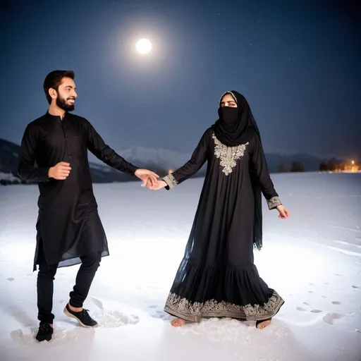 Prompt: A young beautiful Pakistani woman with big eyes covered by black burqa from head to toe, newly married with husband on honeymoon. Husband wearing all white kurta shalwar. Both enjoying honeymoon in a snow area standing over snow in the midnight with full moon. Doing some dance steps