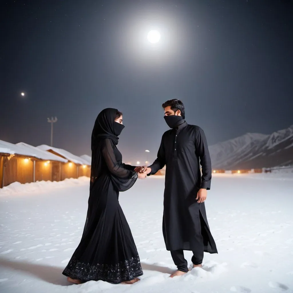 Prompt: A young beautiful Pakistani woman with big eyes covered by black burqa from head to toe, newly married with husband on honeymoon. Husband wearing all white kurta shalwar. Both enjoying honeymoon in a snow area caressing each other and standing over snow in the midnight with full moon. Doing some dance steps