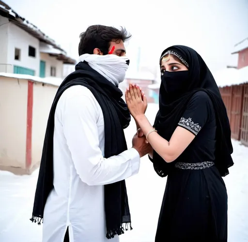 Prompt: A pakistani beautiful woman all covered from head to toe in a black burqa with big black eyes
A handsome man dressed in white kurta shalwar.
In white bright snow in daylight on honeymoon
Holding her in his strong arms and standing tall
Woman giggling with joy only her eyes telling. All face hidden 