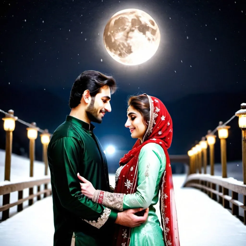 Prompt: A beautiful pakistani woman with her bridgegroom in snow moonlight and peace