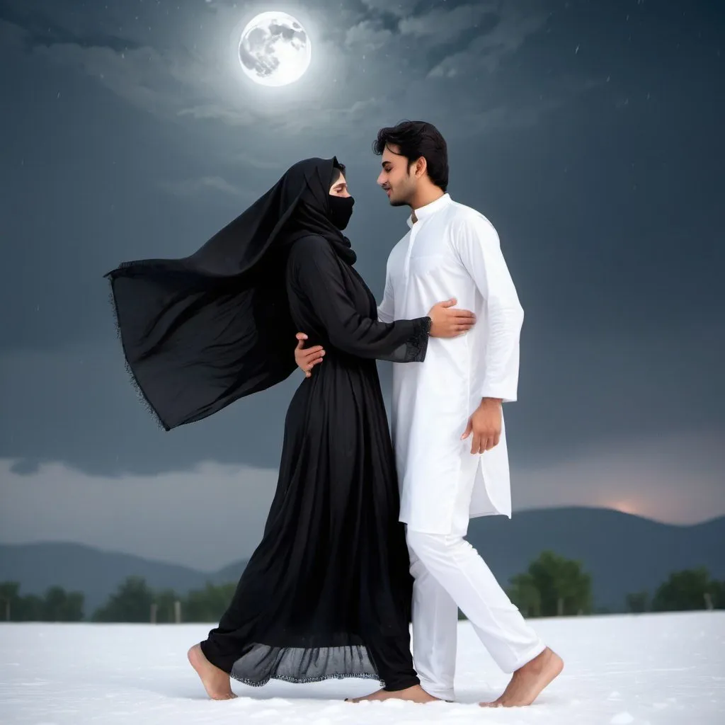 Prompt: A Pakistani handsome man in white kurta and white trousers in love with a beautiful Pakistani woman dressed up with black burqa all covering from head to toe, dancing in rain over white snow in the moonlight of full moon in the sky filled with clouds