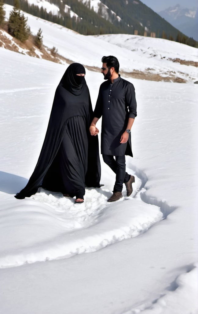 Prompt: A handsome Pakistani man in white kurta and a beautiful woman fully covered from head to toe with big beautiful in black burqa on snow in sunlight enjoying honeymoon 