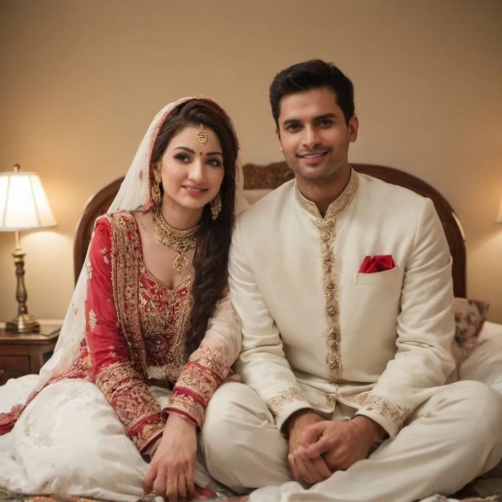 Prompt: Bride and bridegroom in their bed in Pakistan, Getting ready to enjoy their special moments

Bride is bold and bridegroom is handsome 