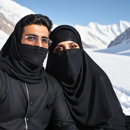 Prompt: A handsome Pakistani man and a beautiful woman fully covered from head to toe  in black burqa on snow in sunlight enjoying honeymoon 