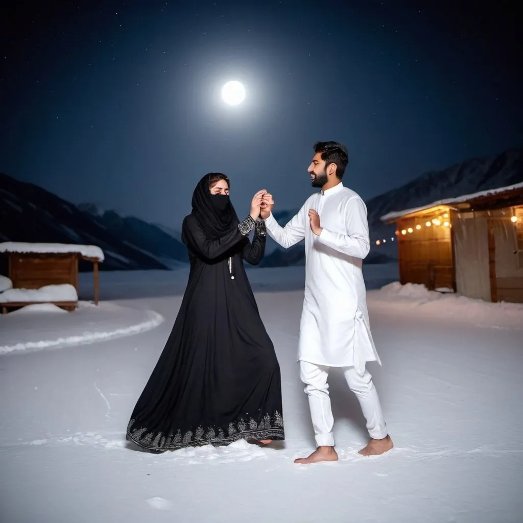 Prompt: A young beautiful Pakistani woman with big eyes covered by black burqa from head to toe, newly married with husband on honeymoon. Husband wearing all white kurta shalwar. Both enjoying honeymoon in a snow area standing over snow in the midnight with full moon. Doing some dance steps