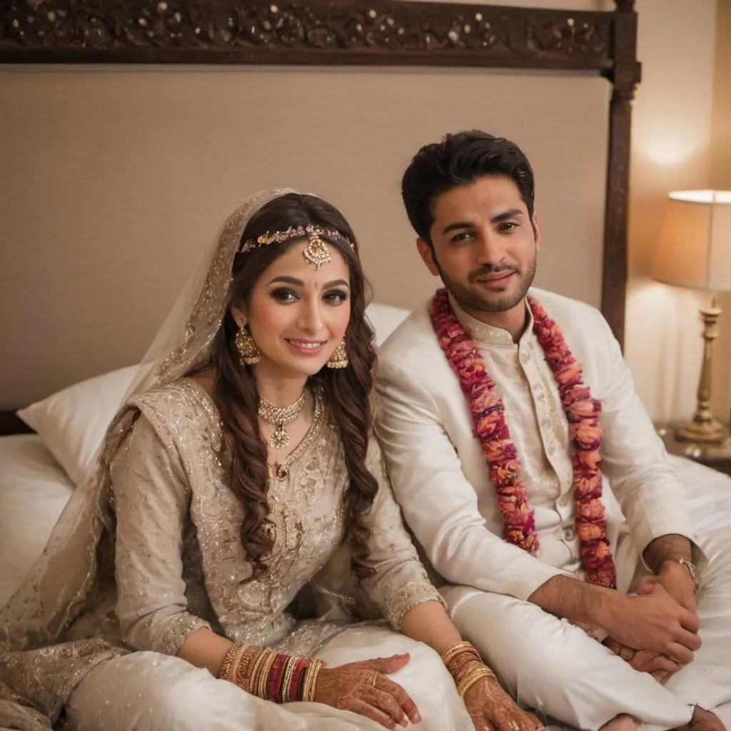 Prompt: Bride and bridegroom in their bed in Pakistan, Getting ready to enjoy their special moments

Bride is bold and bridegroom is handsome 