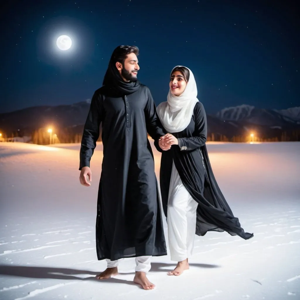 Prompt: A young beautiful Pakistani woman wearing burqa from head to toe, newly married with husband on honeymoon. Husband wearing all white kurta shalwar. Both enjoying honeymoon in a snow area standing over snow in the midnight with full moon. Doing some dance steps