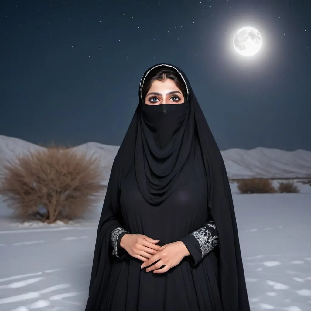 Prompt: A pakistani woman beautiful big eyes burqa clad from head to toe standing tall in the best of best beauty of nature, full moonlight snow filled earth and deep sea, dancing with beloved handsome guy