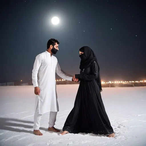 Prompt: A young beautiful Pakistani woman with big eyes covered by black burqa from head to toe, newly married with husband on honeymoon. Husband wearing all white kurta shalwar. Both enjoying honeymoon in a snow area caressing each other and standing over snow in the midnight with full moon. Doing some dance steps