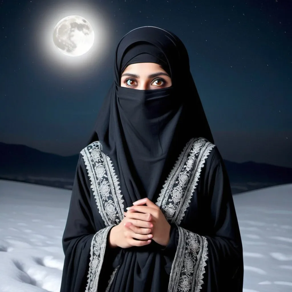 Prompt: A pakistani woman beautiful big eyes burqa clad from head to toe standing tall in the best of best beauty of nature full moonlight snow filled earth and deep sea